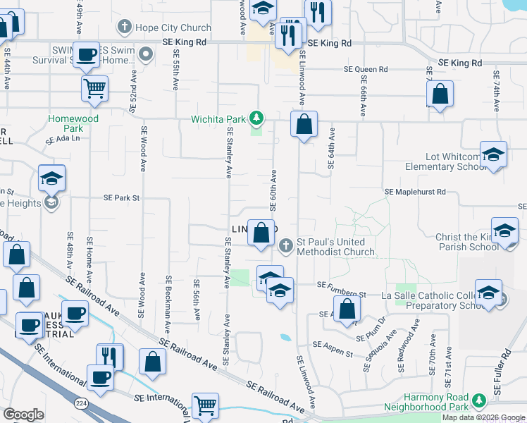 map of restaurants, bars, coffee shops, grocery stores, and more near 5966 Southeast Sundial Court in Milwaukie
