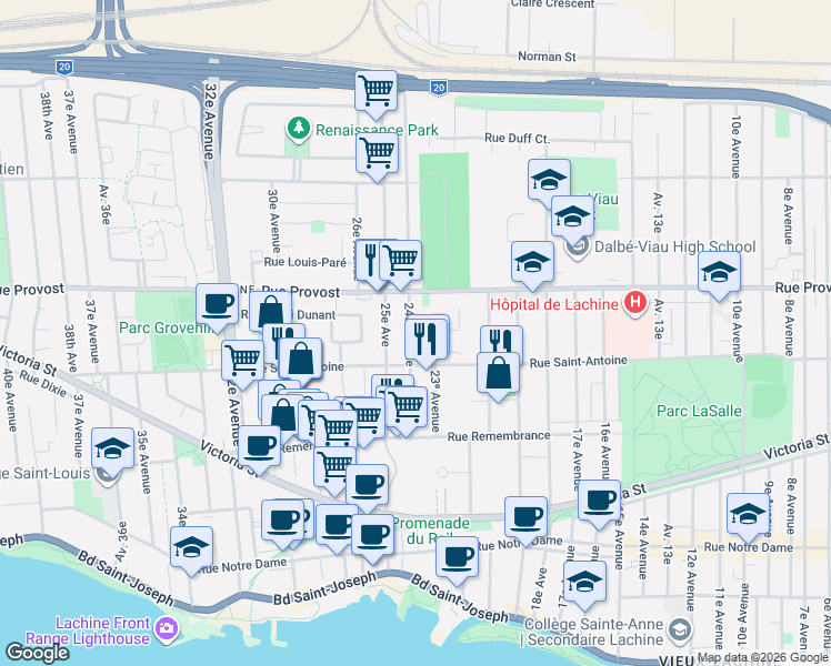 map of restaurants, bars, coffee shops, grocery stores, and more near 650 24e Avenue in Montréal