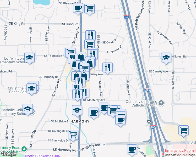 map of restaurants, bars, coffee shops, grocery stores, and more near 8370 Southeast Causey Avenue in Happy Valley