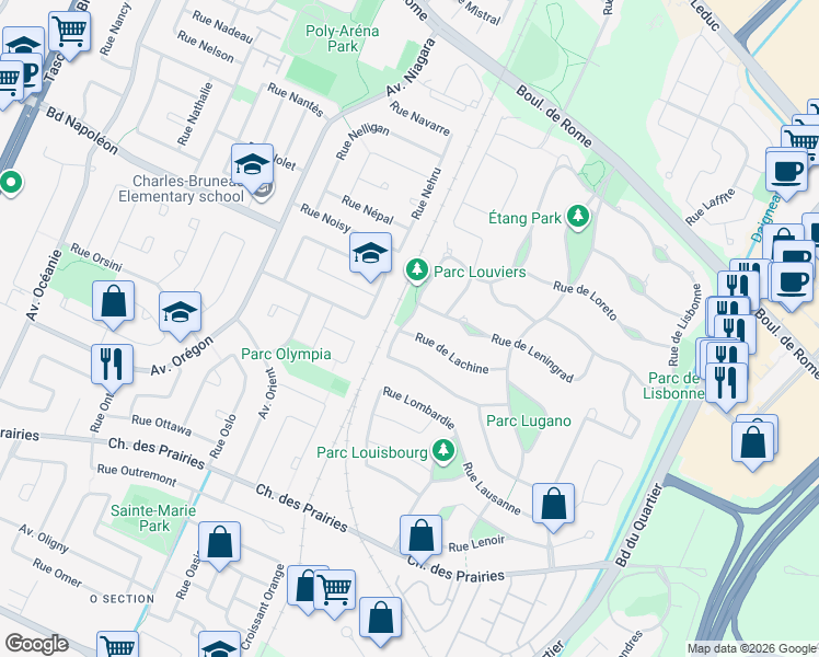map of restaurants, bars, coffee shops, grocery stores, and more near 4025 Rue de Lachine in Brossard