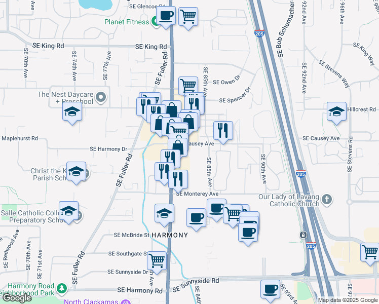 map of restaurants, bars, coffee shops, grocery stores, and more near 8358 Southeast Causey Avenue in Happy Valley