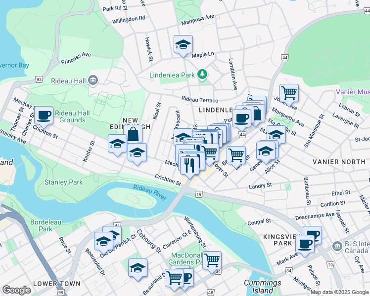 map of restaurants, bars, coffee shops, grocery stores, and more near in Ottawa
