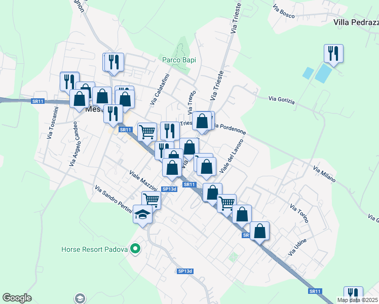map of restaurants, bars, coffee shops, grocery stores, and more near 11 Via Aquileia in Mestrino