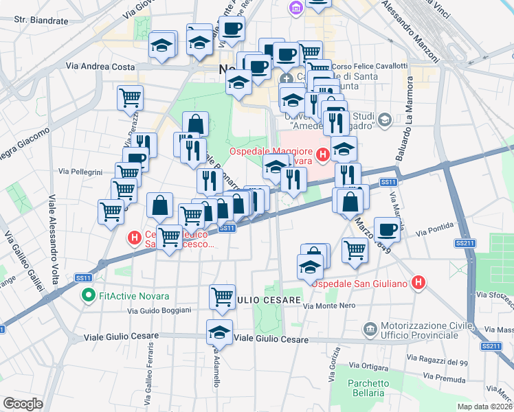 map of restaurants, bars, coffee shops, grocery stores, and more near 34-40 Via Michelangelo in Novara