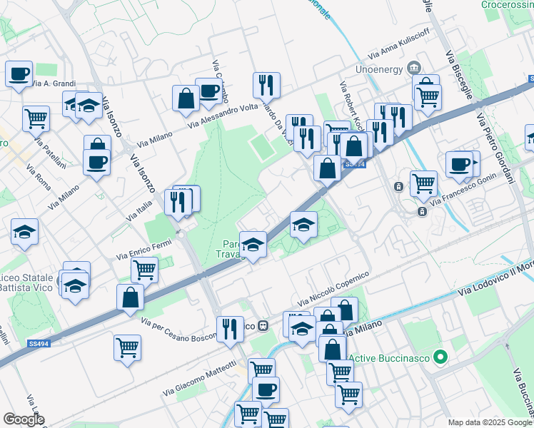 map of restaurants, bars, coffee shops, grocery stores, and more near 1 Via Sebastiano Caboto in Corsico