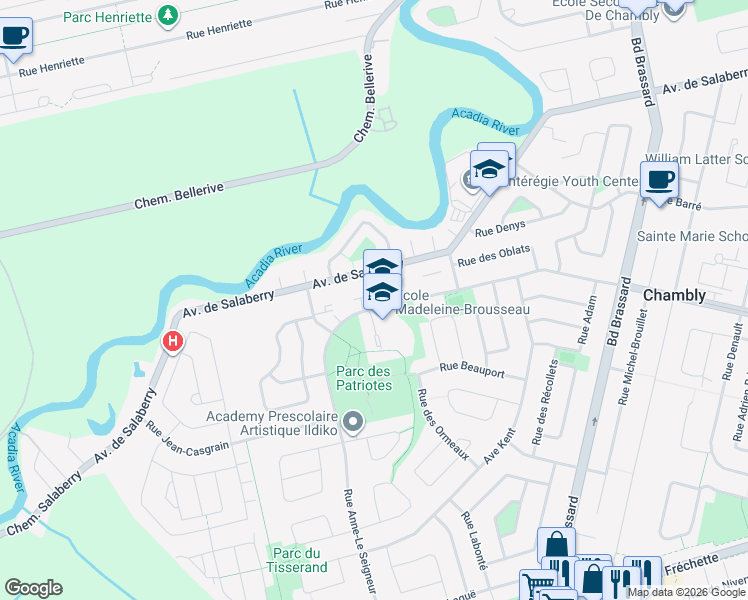 map of restaurants, bars, coffee shops, grocery stores, and more near 1705 Boulevard Lebel in Chambly