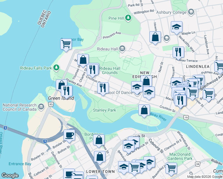 map of restaurants, bars, coffee shops, grocery stores, and more near 105 Crichton Street in Ottawa