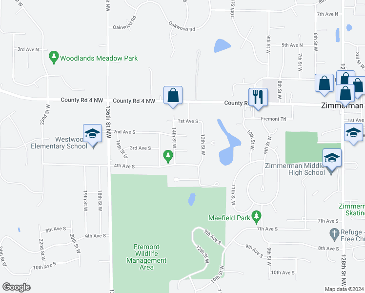 map of restaurants, bars, coffee shops, grocery stores, and more near 13351 3rd Avenue South in Zimmerman