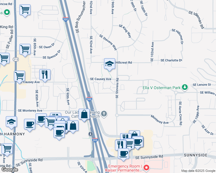 map of restaurants, bars, coffee shops, grocery stores, and more near 11249 Southeast Stevens Road in Happy Valley