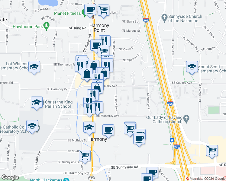 map of restaurants, bars, coffee shops, grocery stores, and more near 8370 Southeast Causey Avenue in Happy Valley