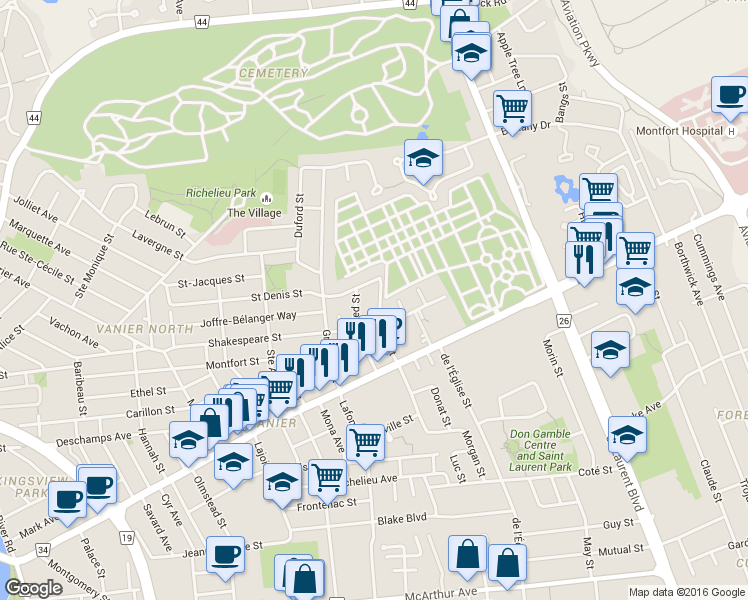 map of restaurants, bars, coffee shops, grocery stores, and more near 204 Cantin Street in Ottawa