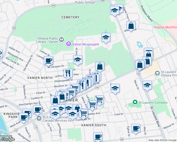 map of restaurants, bars, coffee shops, grocery stores, and more near 372 Saint Denis Street in Ottawa