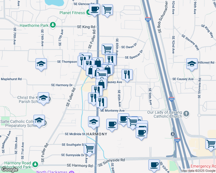 map of restaurants, bars, coffee shops, grocery stores, and more near 8358 Southeast Causey Avenue in Happy Valley
