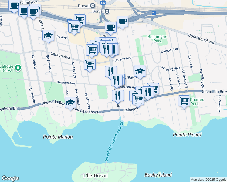 map of restaurants, bars, coffee shops, grocery stores, and more near 180 Avenue Dorval in Dorval