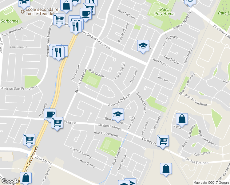 map of restaurants, bars, coffee shops, grocery stores, and more near 8260 Croissant Osaka in Brossard