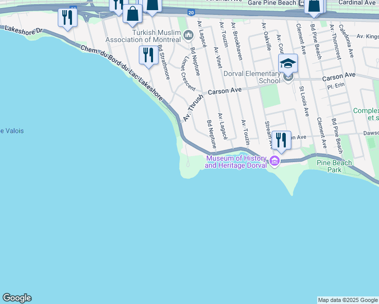 map of restaurants, bars, coffee shops, grocery stores, and more near 65 Terrasse Whitehead in Dorval
