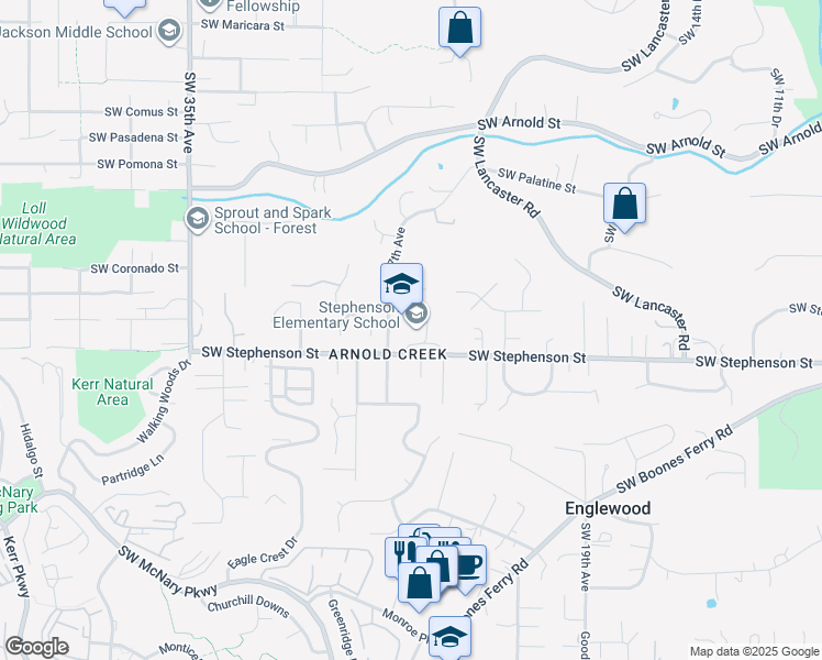 map of restaurants, bars, coffee shops, grocery stores, and more near 2627 Southwest Stephenson Street in Portland