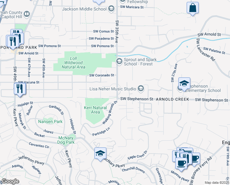 map of restaurants, bars, coffee shops, grocery stores, and more near 3510 Southwest Vesta Street in Portland