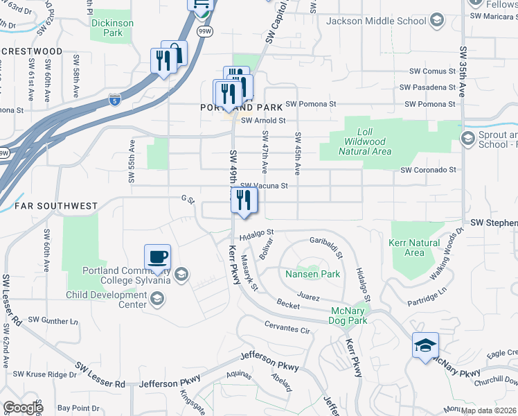 map of restaurants, bars, coffee shops, grocery stores, and more near 4706 Southwest Vesta Street in Portland