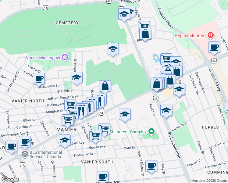 map of restaurants, bars, coffee shops, grocery stores, and more near 407 Montfort Street in Ottawa