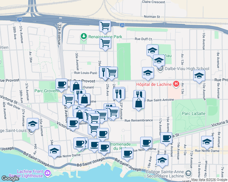 map of restaurants, bars, coffee shops, grocery stores, and more near 652 24e Avenue in Montréal