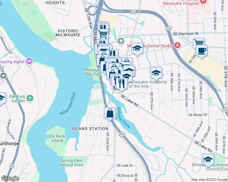 map of restaurants, bars, coffee shops, grocery stores, and more near 2037 Southeast Lake Road in Milwaukie