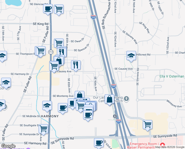 map of restaurants, bars, coffee shops, grocery stores, and more near 8800 Southeast Causey Loop in Happy Valley