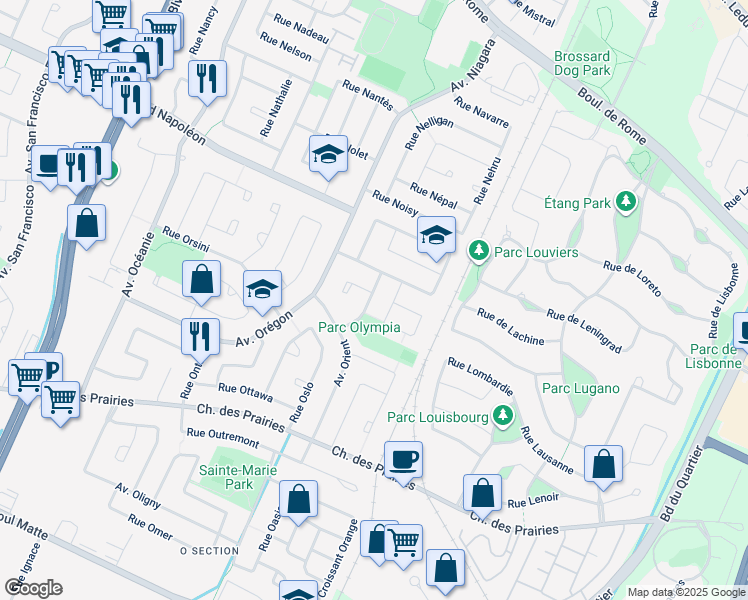 map of restaurants, bars, coffee shops, grocery stores, and more near 3695 Rue Olympia in Brossard
