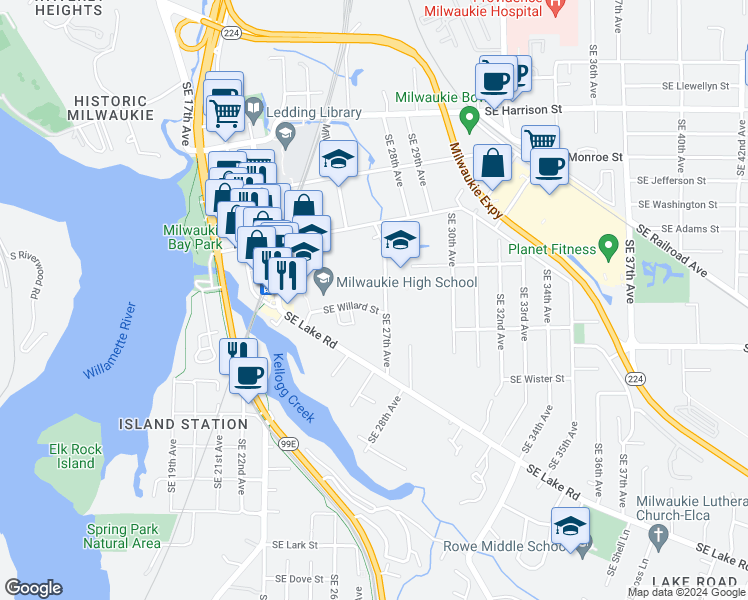 map of restaurants, bars, coffee shops, grocery stores, and more near 2621b Southeast Willard Street in Milwaukie