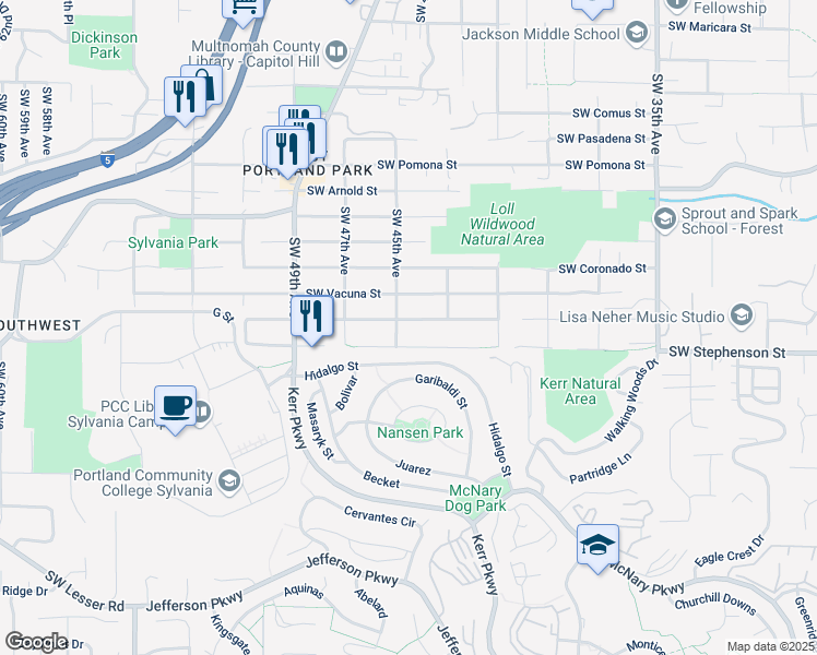 map of restaurants, bars, coffee shops, grocery stores, and more near 4420 Southwest Vesta Street in Portland