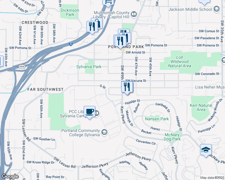 map of restaurants, bars, coffee shops, grocery stores, and more near 5022 Southwest Vesta Street in Portland