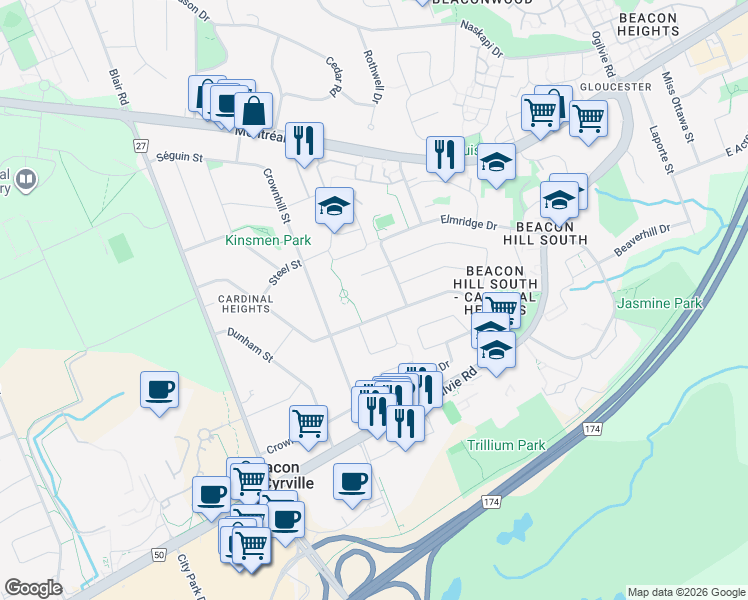 map of restaurants, bars, coffee shops, grocery stores, and more near 55 Appleford Street in Ottawa