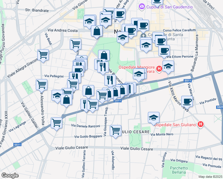 map of restaurants, bars, coffee shops, grocery stores, and more near 16 Via Morandi in Novara