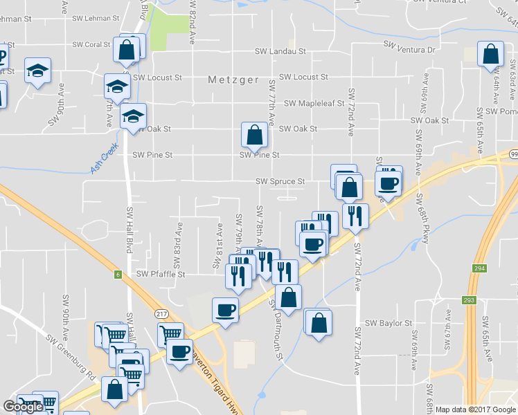 map of restaurants, bars, coffee shops, grocery stores, and more near 10950 SW 78th Ave in Tigard