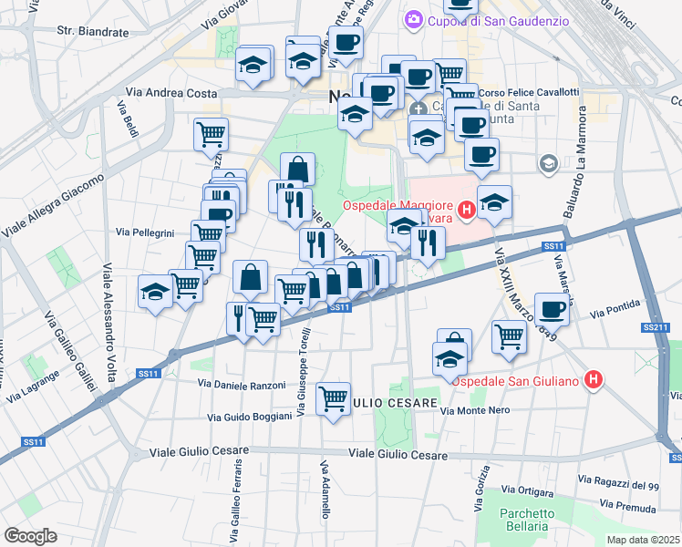 map of restaurants, bars, coffee shops, grocery stores, and more near 9 Via Claudio Monteverdi in Novara