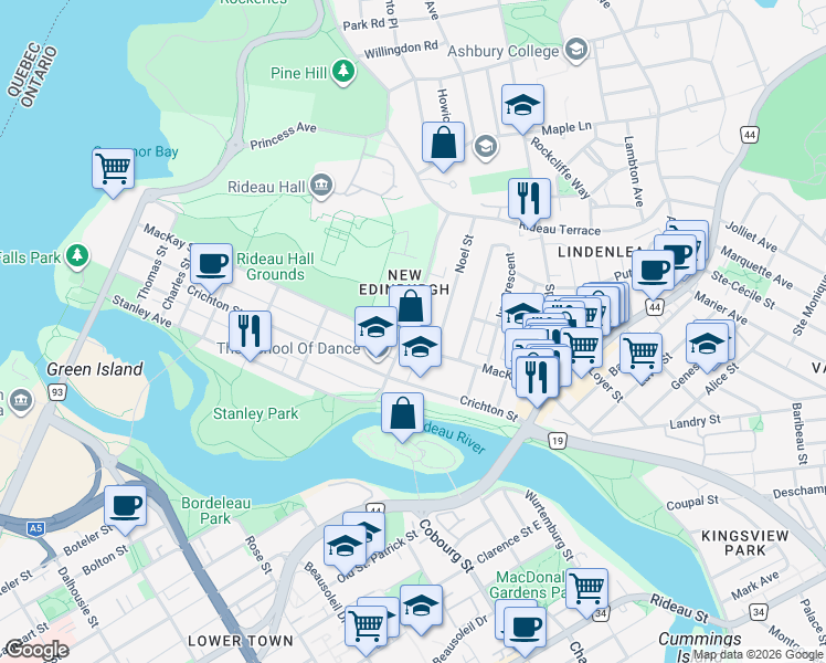 map of restaurants, bars, coffee shops, grocery stores, and more near 64 Dufferin Road in Ottawa