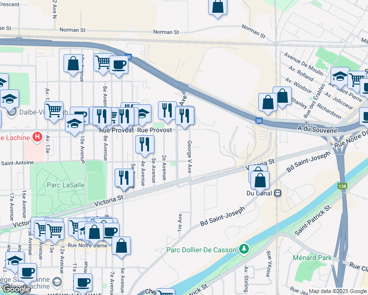 map of restaurants, bars, coffee shops, grocery stores, and more near 641 Avenue George-V in Montréal