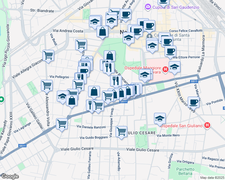 map of restaurants, bars, coffee shops, grocery stores, and more near 16 Via Morandi in Novara