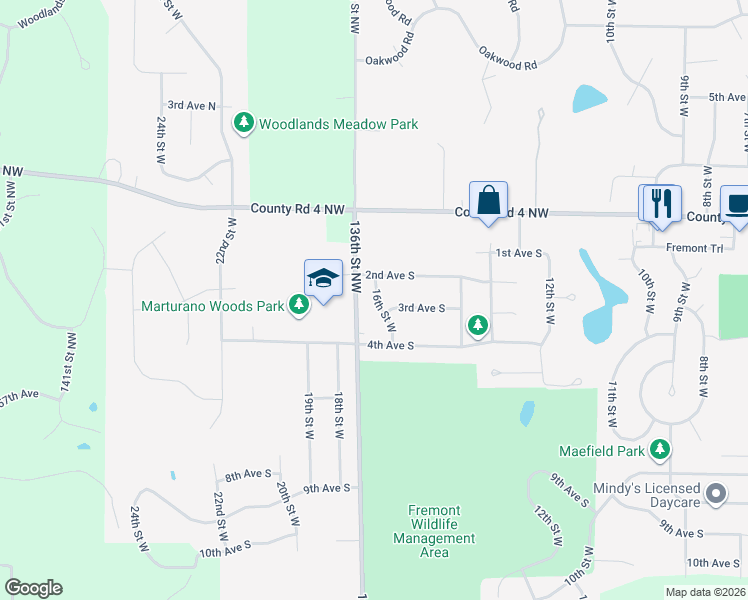 map of restaurants, bars, coffee shops, grocery stores, and more near 25954 16th Street West in Zimmerman