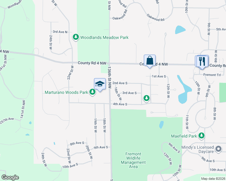 map of restaurants, bars, coffee shops, grocery stores, and more near 25954 16th Street West in Zimmerman