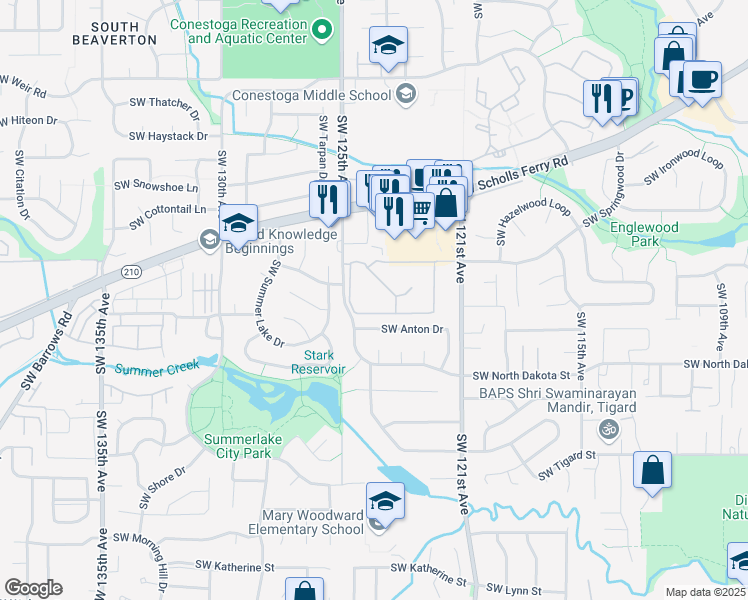 map of restaurants, bars, coffee shops, grocery stores, and more near 12505 Southwest North Dakota Street in Tigard