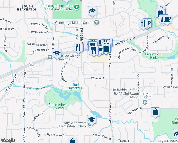 map of restaurants, bars, coffee shops, grocery stores, and more near 12505 Southwest North Dakota Street in Portland