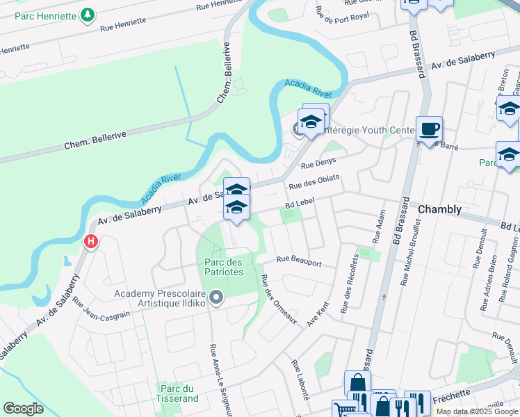 map of restaurants, bars, coffee shops, grocery stores, and more near 1581 Boulevard Lebel in Chambly