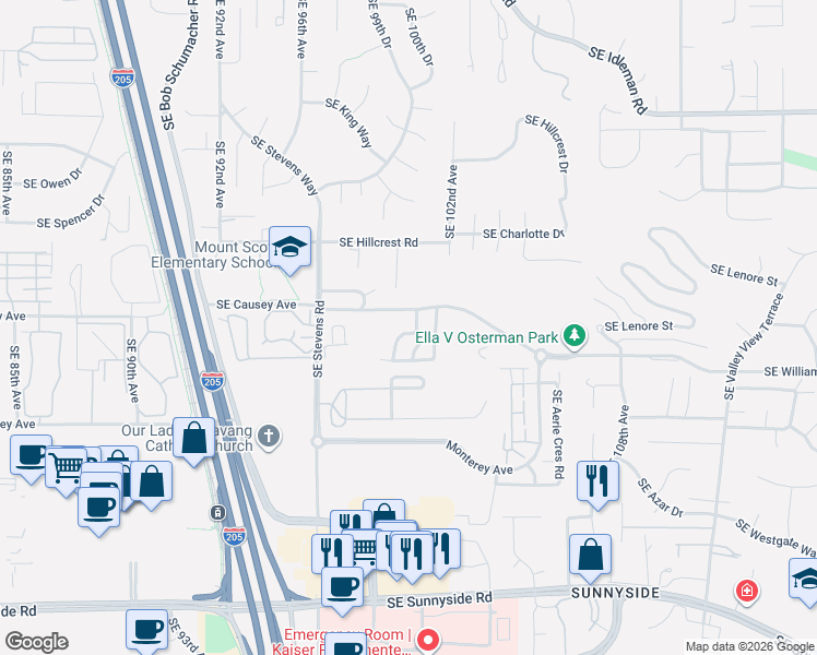 map of restaurants, bars, coffee shops, grocery stores, and more near 11339 Southeast Falco Street in Happy Valley