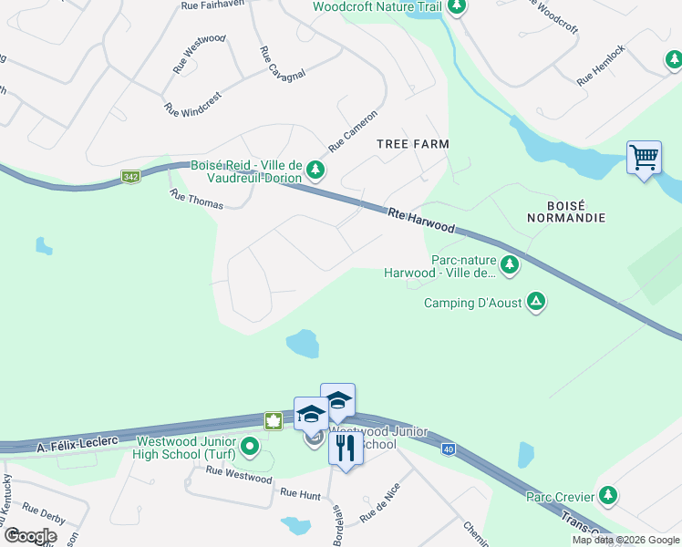 map of restaurants, bars, coffee shops, grocery stores, and more near 22 Rue Sunset in Vaudreuil-Dorion