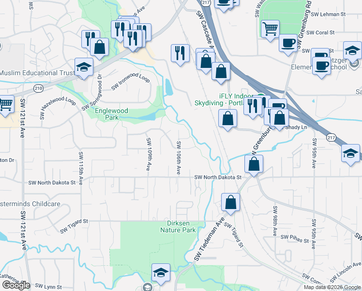 map of restaurants, bars, coffee shops, grocery stores, and more near 10619 Southwest Windsor Place in Tigard