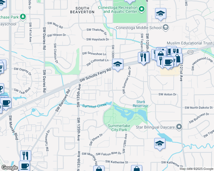 map of restaurants, bars, coffee shops, grocery stores, and more near 10925 Southwest 130th Avenue in Tigard