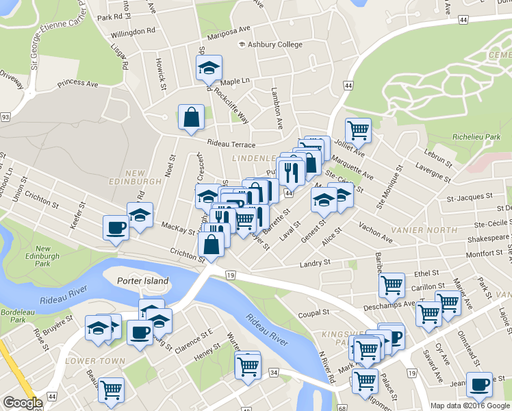 map of restaurants, bars, coffee shops, grocery stores, and more near 18 Langevin Avenue in Ottawa