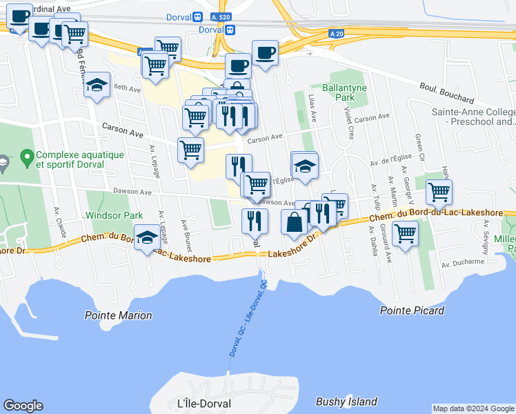 map of restaurants, bars, coffee shops, grocery stores, and more near 185 Avenue Dorval in Dorval