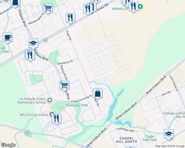 map of restaurants, bars, coffee shops, grocery stores, and more near 148 Aubrais Crescent in Ottawa